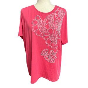 Talbots Shirt Women 3x Pink Short Sleeve Round Neck Bead Embroidered Floral